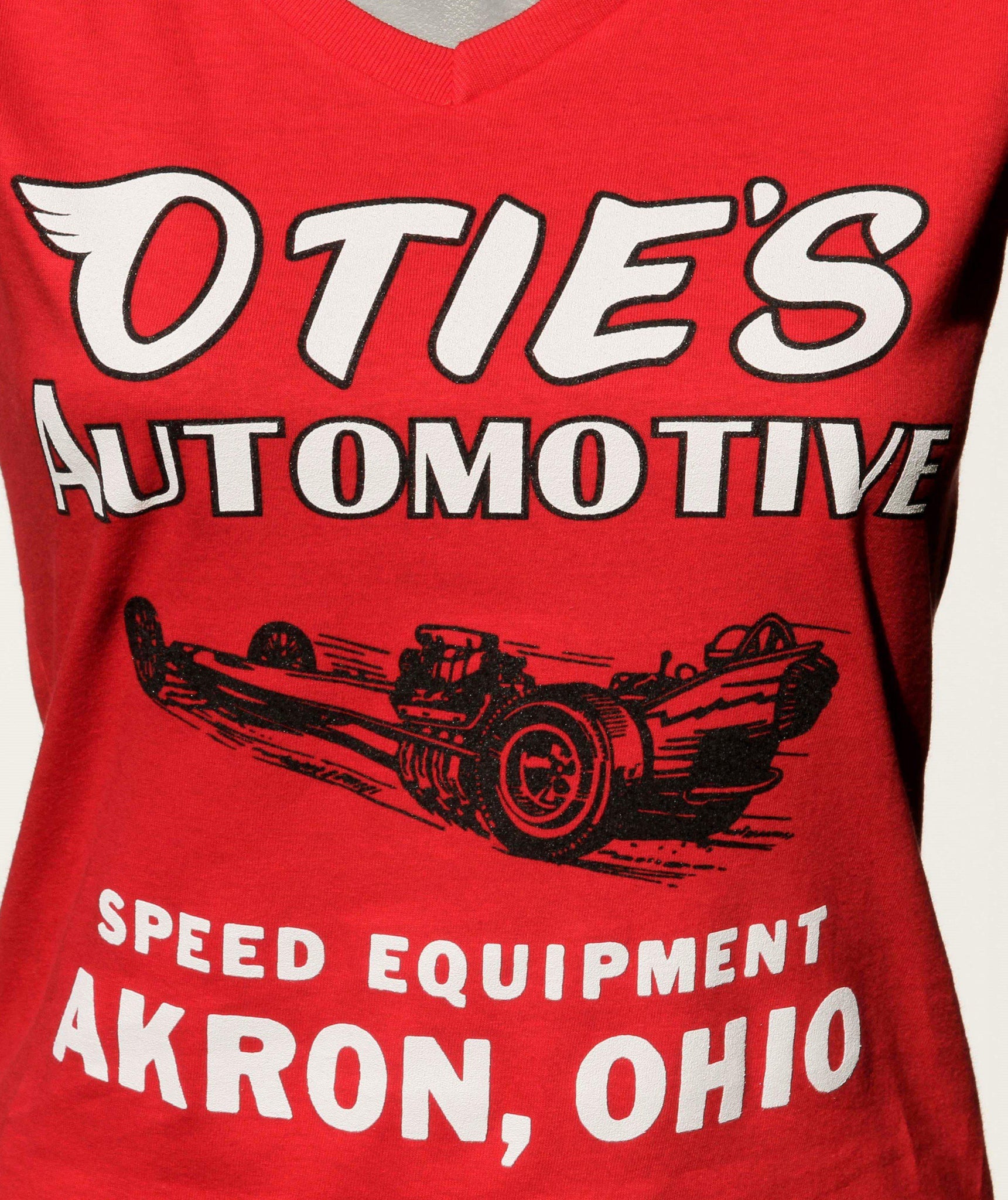 Otie's Automotive Nostalgia Drag Racing Ladies Red Dragster V-Neck