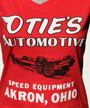 Otie's Automotive Nostalgia Drag Racing Ladies Red Dragster V-Neck