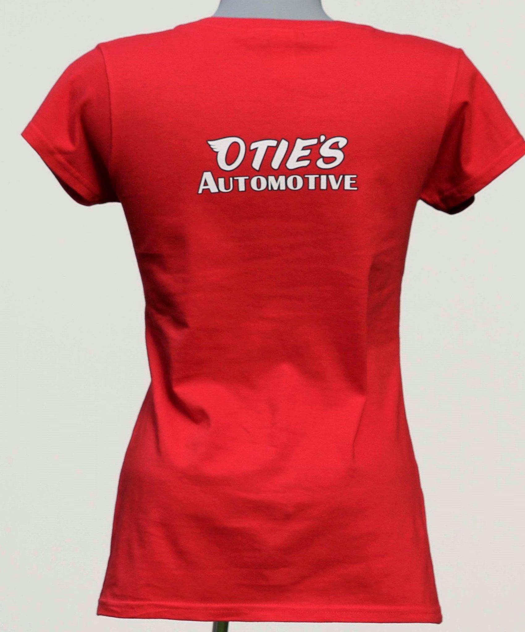 Otie's Automotive Nostalgia Drag Racing Ladies Red Dragster V-Neck