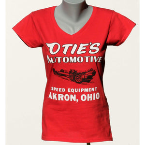 Otie's Automotive Nostalgia Drag Racing Ladies Red Dragster V-Neck